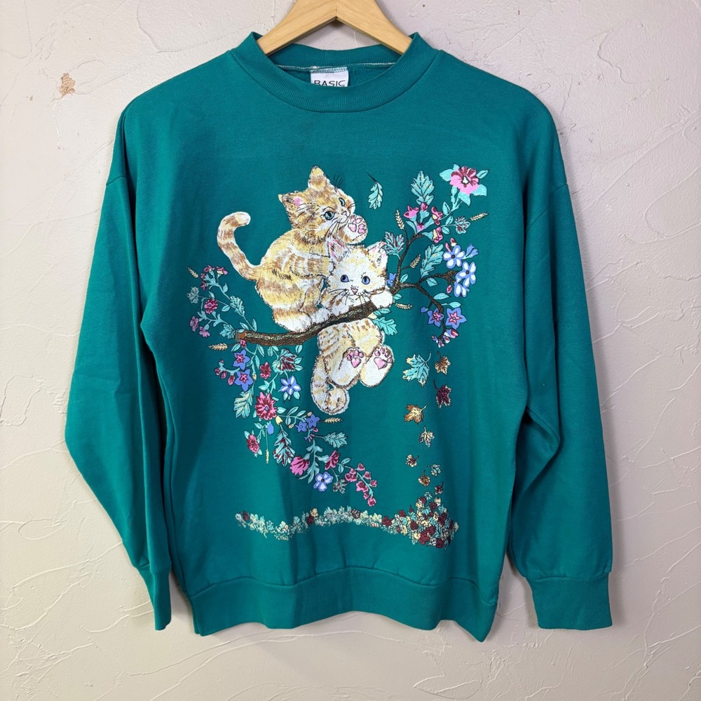 Vintage Basic Editions Sweatshirt Women Small Teal Cat Graphic Cottage Made USA